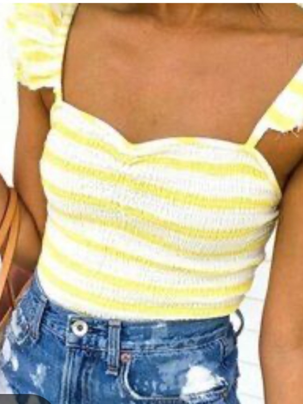 FREE PEOPLE Women’s Hyde Crop Yellow & White Striped Smocked Ruffle Top SZ: XS